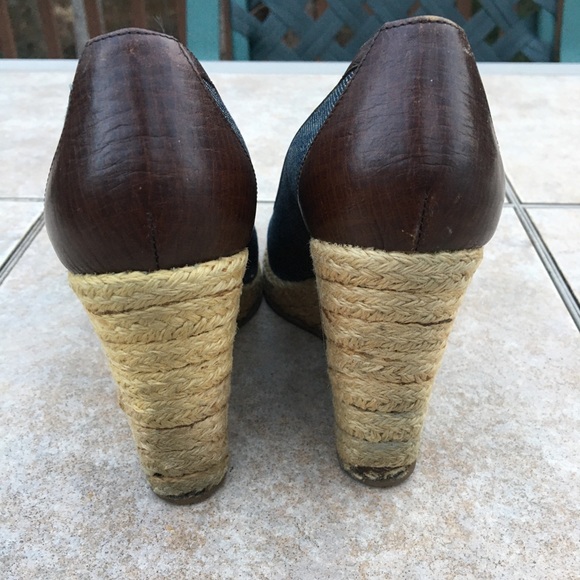 Fendi peep toe denim trim wedge espadrilles 37.5 - Picture 3 of 15